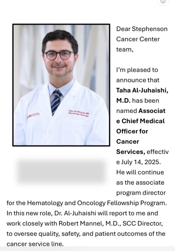 Taha Al-Juhaishi: Happy to Start in a New Role as Associate Chief Medical Officer for Cancer Services at OU Health