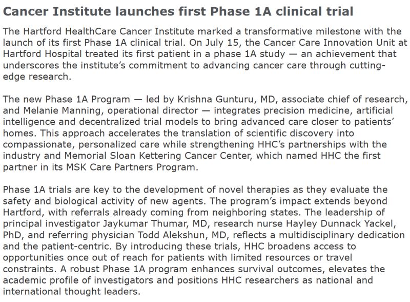 Krishna Soujanya Gunturu: The Hartford HealthCare Cancer Institute Has Launched First-in-Human Phase 1A Clinical Trial