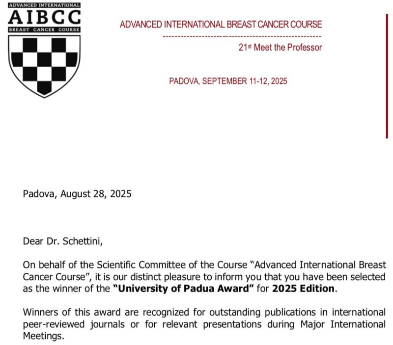 Francesco Schettini Wins University of Padua Award 2025 for Breast Cancer Research
