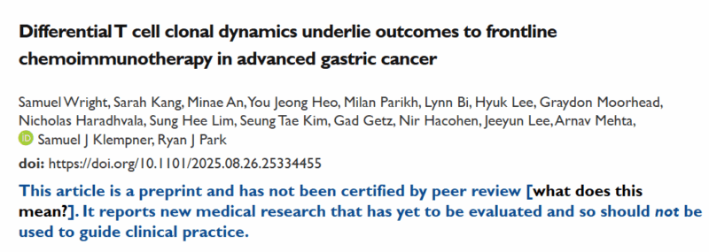 Sam Klempner: New Pre-print on T Cell Clonal Dynamics in Gastric Cancer
