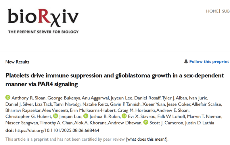 Anthony R. Sloan: Estrogen-Dependent Platelet PAR4 Signaling Shapes Immunity in Glioblastoma