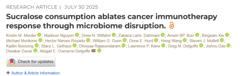 Elizabeth McKenna: Effects of Sucralose Consumption on the Efficacy of Cancer Immunotherapy by Kristin Morder et al.
