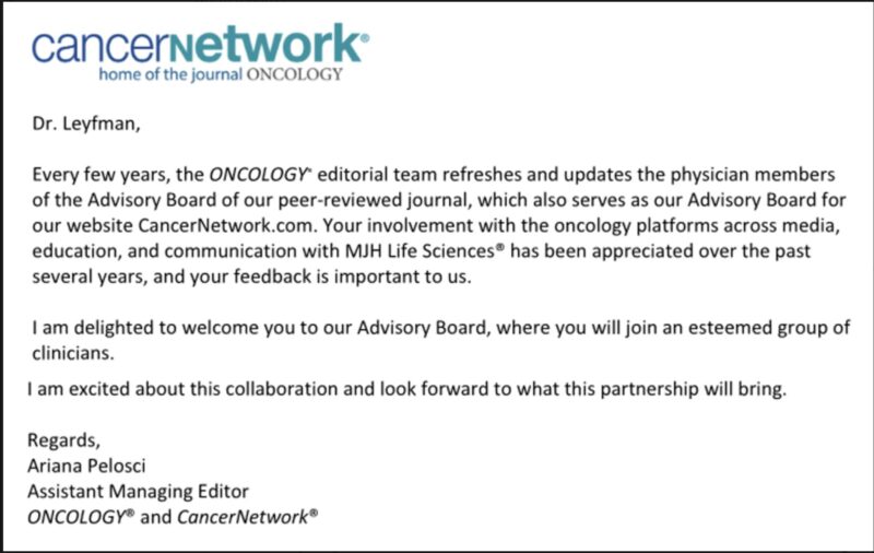 Yan Leyfman: Honored to Join the Advisory Board of CancerNetwork