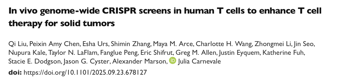In Vivo Genome-Wide CRISPR Screens in Human T Cells to Enhance T Cell Therapy for Solid Tumors
