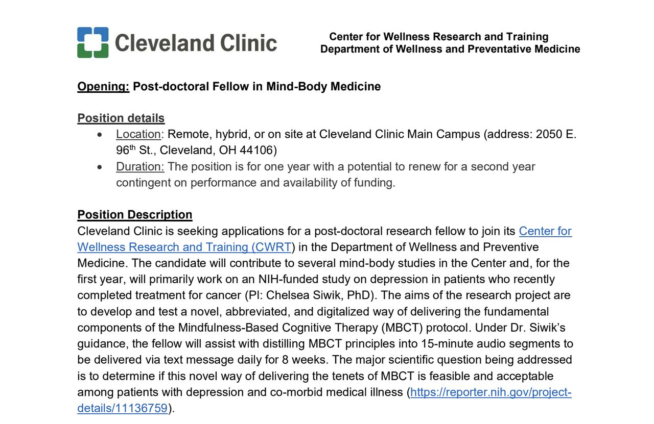 Postdoctoral Fellowship Opportunity at Cleveland Clinic - Society for Integrative Oncology