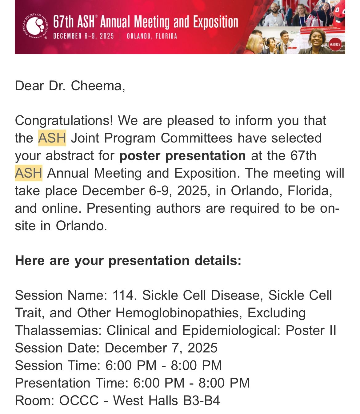 Asfand Yar Cheema: 16 of Our Abstracts Have Been Accepted as Posters at the ASH Annual Meeting