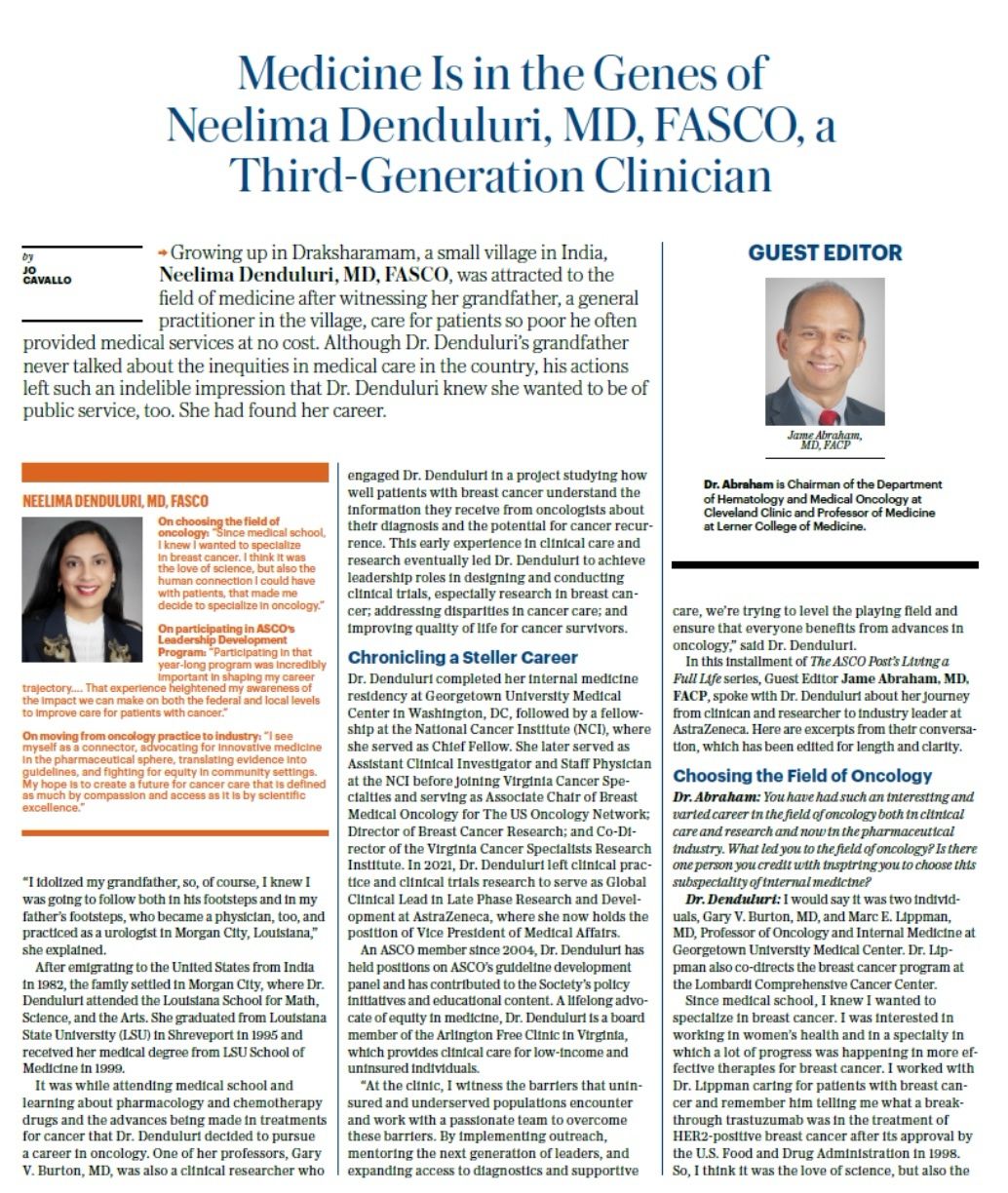 Jame Abraham: Neelima Denduluri's Journey from a Clinical Researcher to a Leader in Industry 2 Jame Abraham: Neelima Denduluri's Journey from a Clinical Researcher to a Leader in Industry