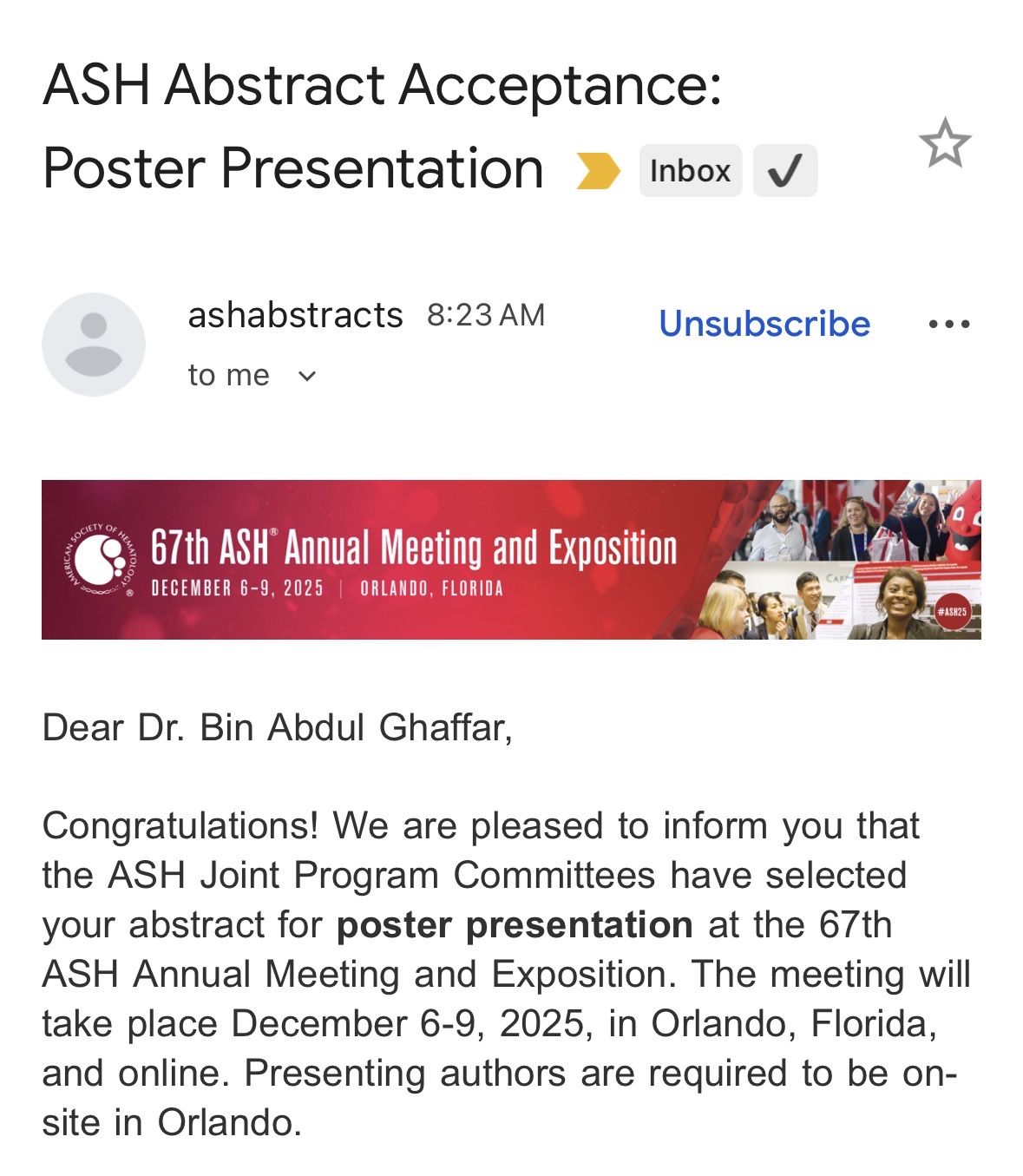 Qais Bin Abdul Ghaffar: Both my Posters have been Accepted for the 2025 ASH Annual Meeting