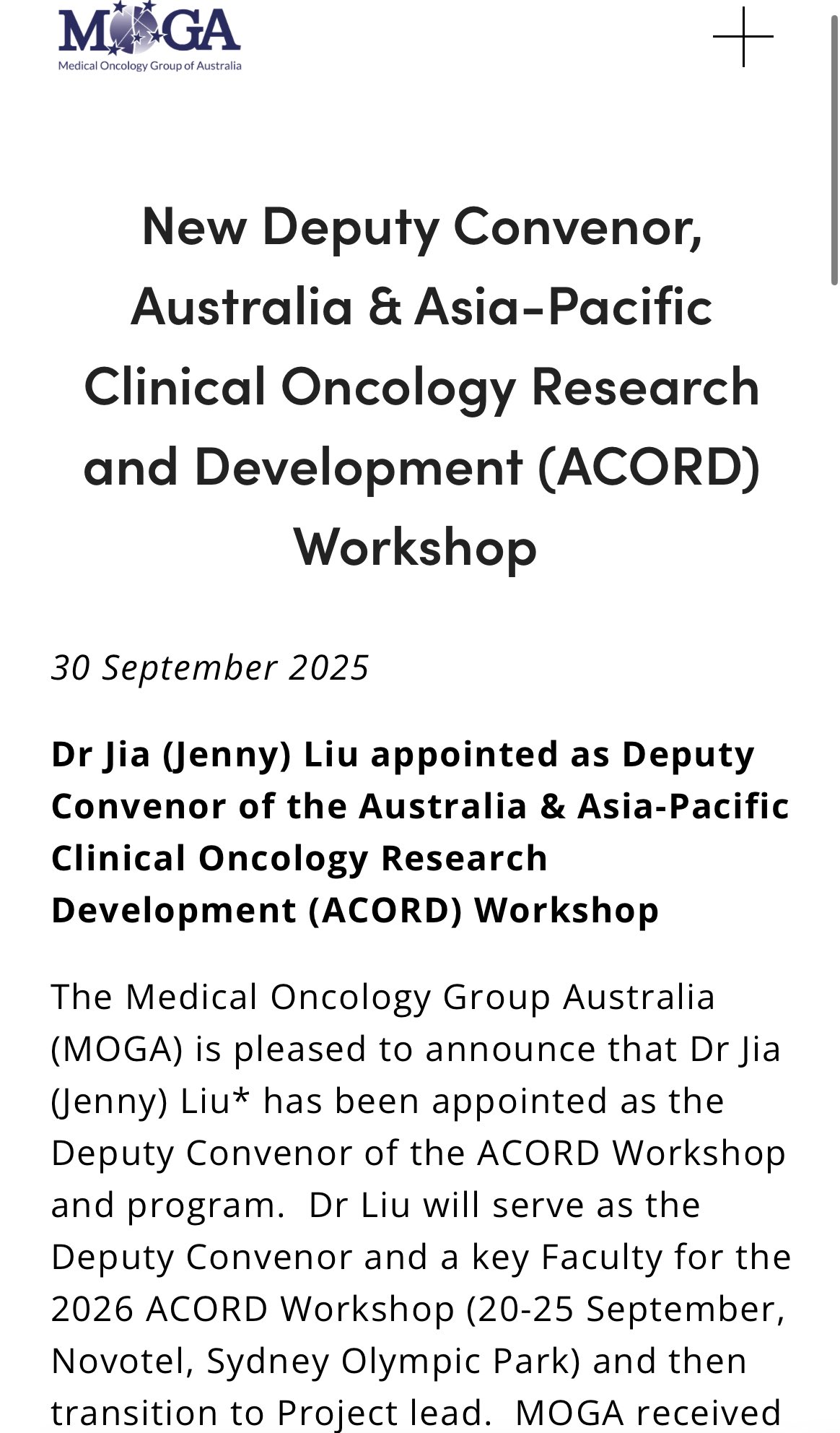 Jia (Jenny) Liu Has Been Appointed Deputy Convenor and Incoming Chair of the APAC Oncology Research Workshop 2 Jia (Jenny) Liu Has Been Appointed Deputy Convenor and Incoming Chair of the APAC Oncology Research Workshop