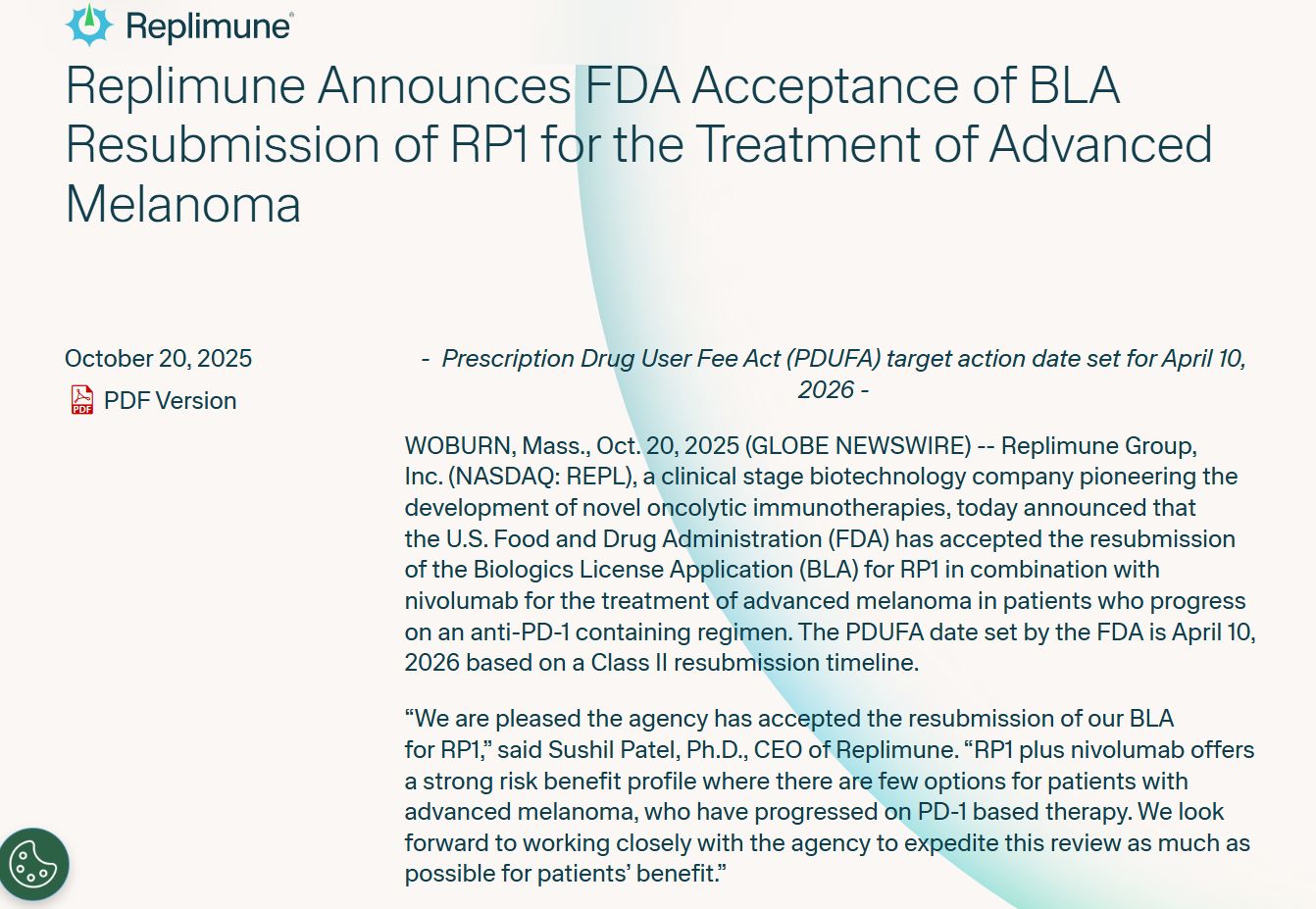 Kevin Harrington: FDA Accepts Replimune's Resubmission for RP1 in Melanoma 2 Replimune
