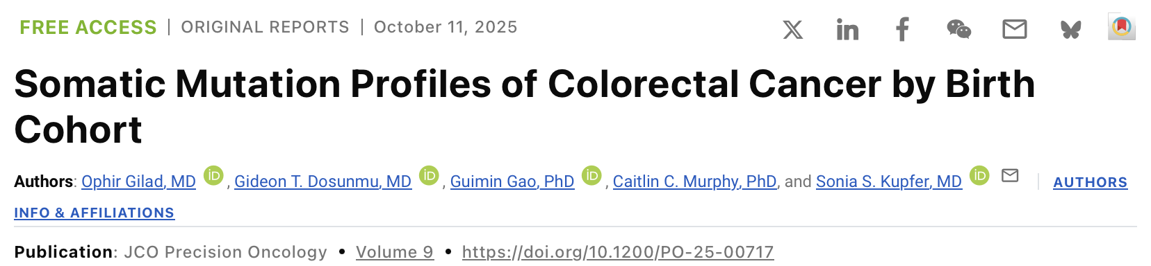 Simultaneous Publication on Somatic Mutation Profiles of CRC by Birth Cohort - JCO Precision Oncology