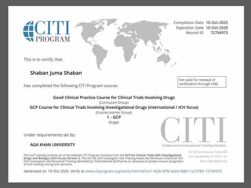 Shaban Juma: Completed GCP Certification in Clinical Research