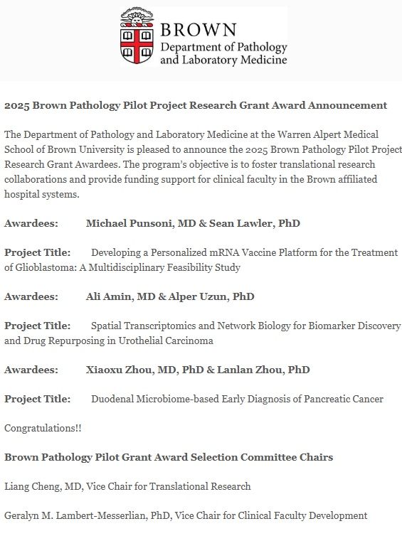 Liang Cheng Congratulates 2025 Brown Pathology Pilot Project Research Grant Awardees