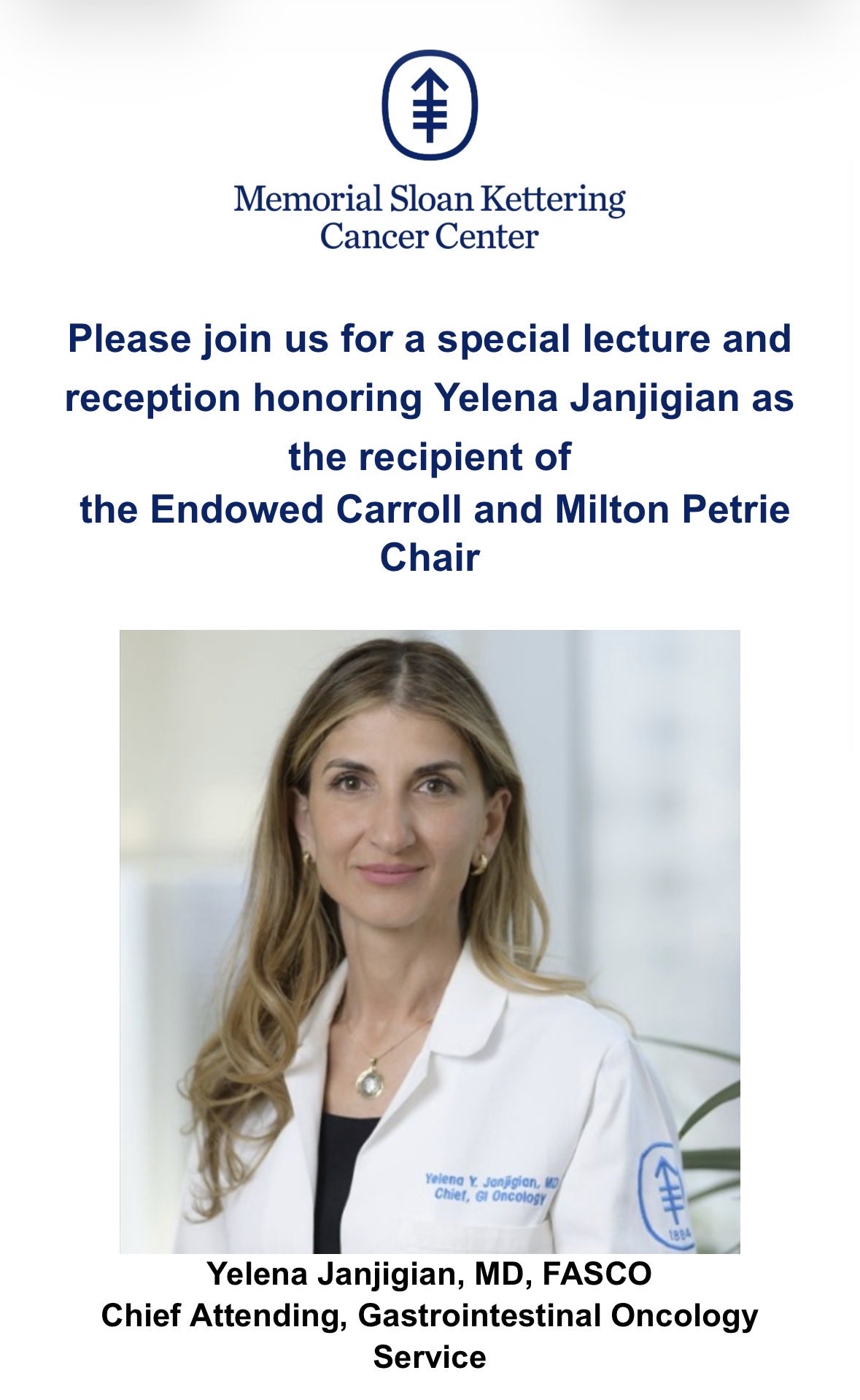 Yelena Janjigian was Named as the Recipient of the Endowed Carroll and Milton Petrie Chair 2025 2 Yelena Janjigian