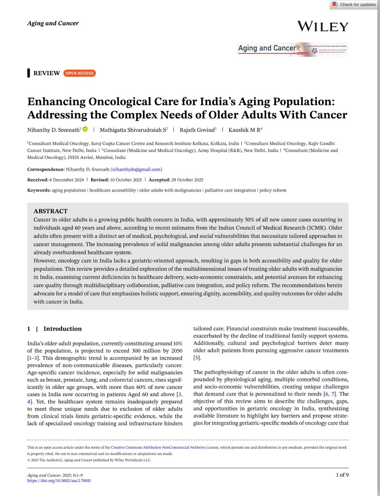 Nihanthy Sreenath: Enhancing Oncological Care for India’s Aging Population 2 Nihanthy Sreenath: Enhancing Oncological Care for India’s Aging Population
