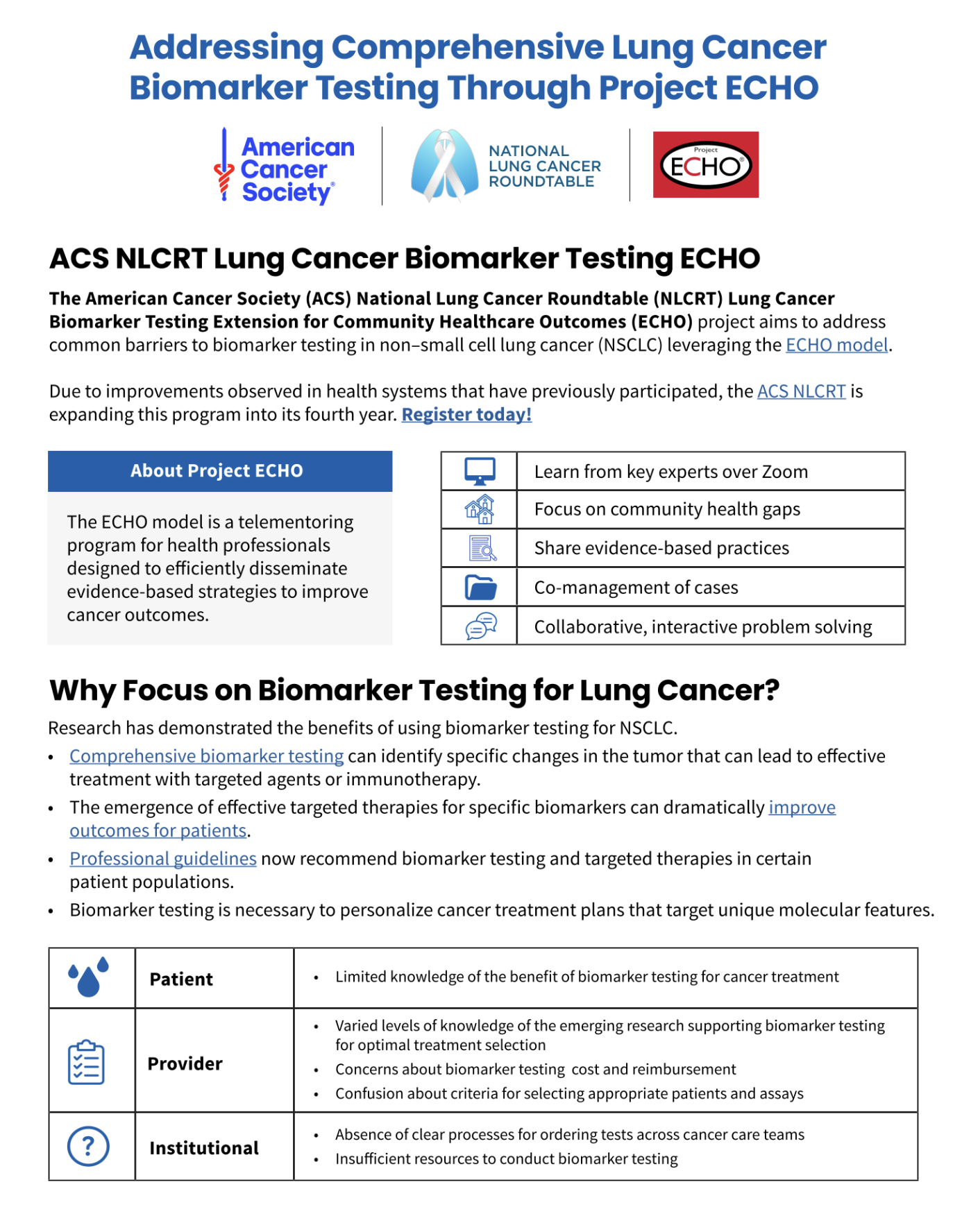 Lung Cancer Biomarker Testing ECHO Cohort 5 for Thoracic Oncology Clinicians - ACS NLCRT