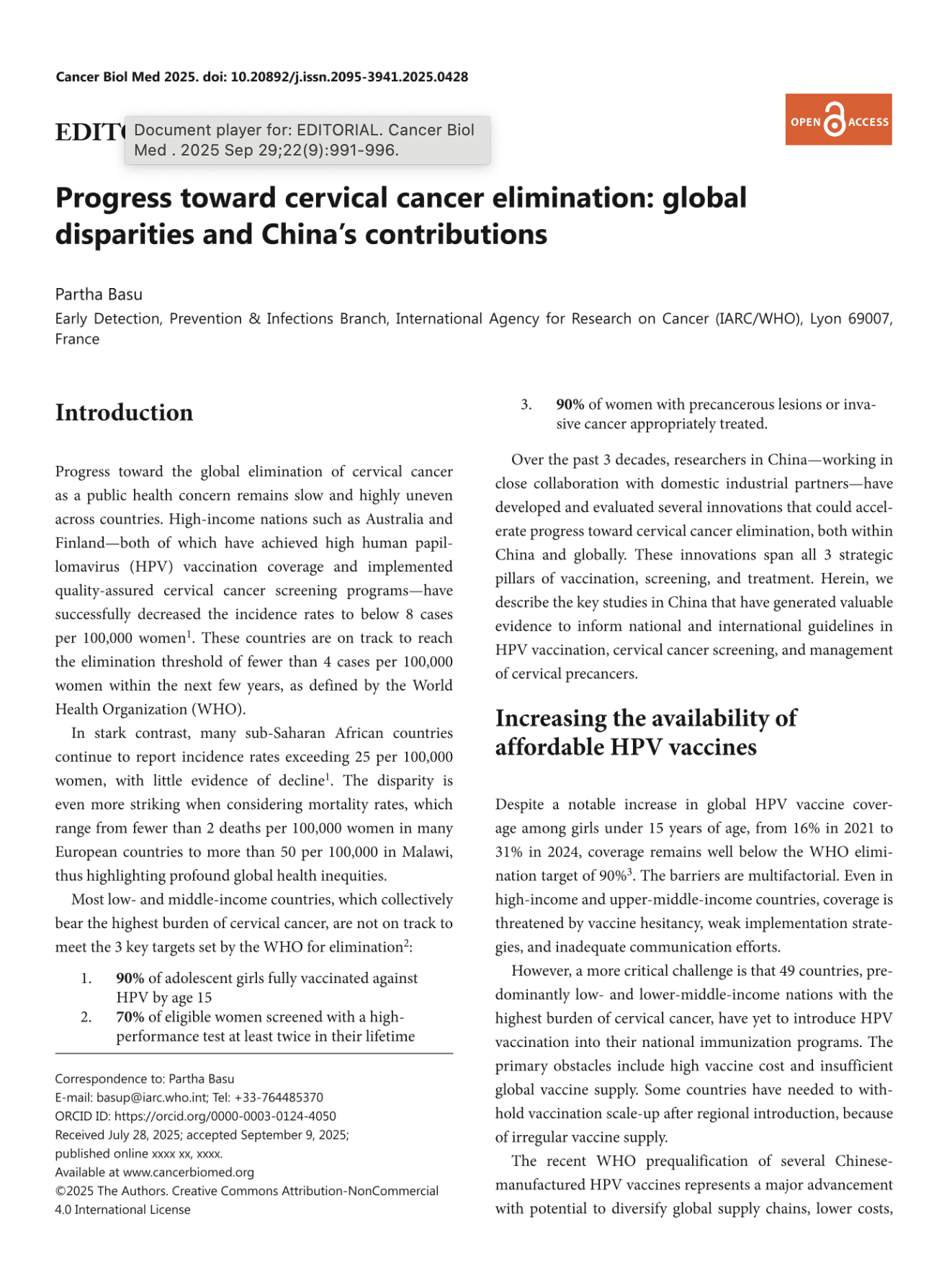 Partha Basu: Pleased to Contribute an Editorial on Cervical Cancer Screening and Prevention 2 Partha Basu: Pleased to Contribute an Editorial on Cervical Cancer Screening and Prevention