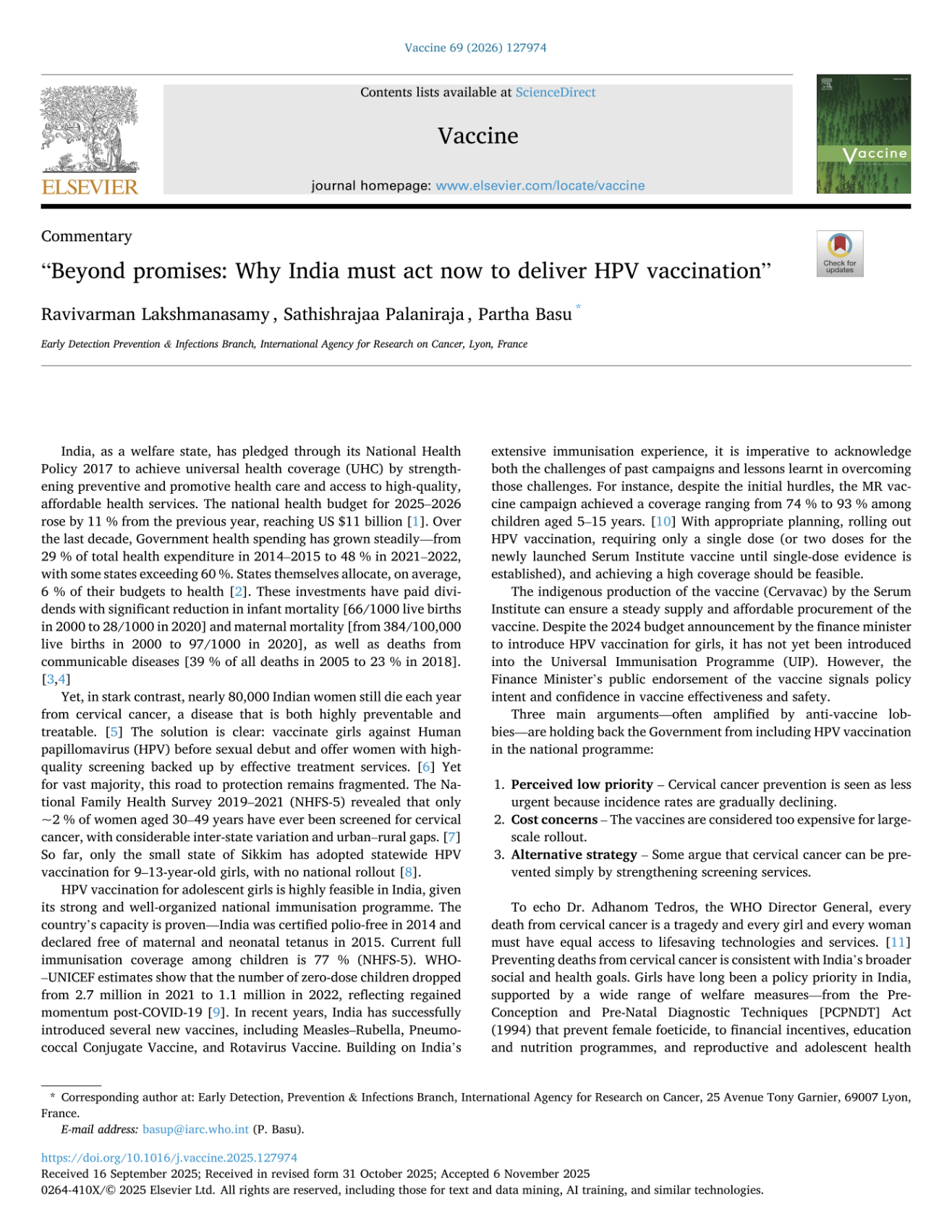 Partha Basu: The Promise of Introducing HPV Vaccines for Girls in India Still Remains Unfulfilled