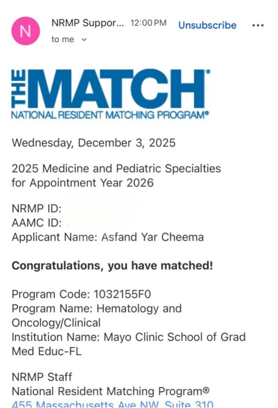 Asfand Yar Cheema: Grateful to Match into the Hematology and Oncology Fellowship at Mayo Clinic Florida