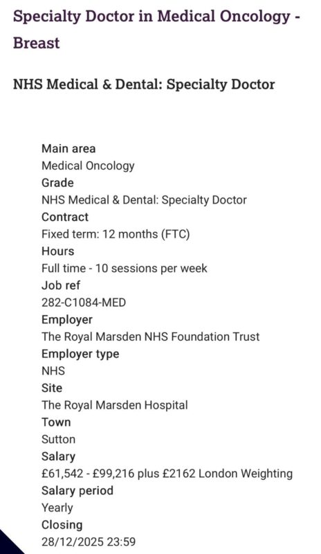 Nicolò Matteo Luca Battisti: The Royal Marsden Breast Unit Is Hiring a Specialty Doctor in Medical Oncology 2 Nicolò Matteo Luca Battisti: The Royal Marsden Breast Unit Is Hiring a Specialty Doctor in Medical Oncology