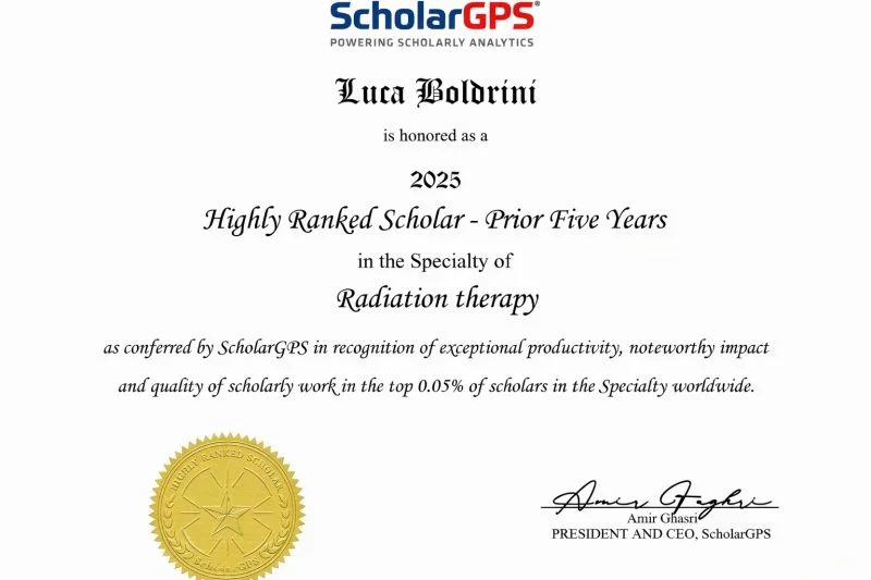 Luca Boldrini: Honored to be Ranked by ScholarGPS Among the top 0.05% Worldwide in Radiation Therapy