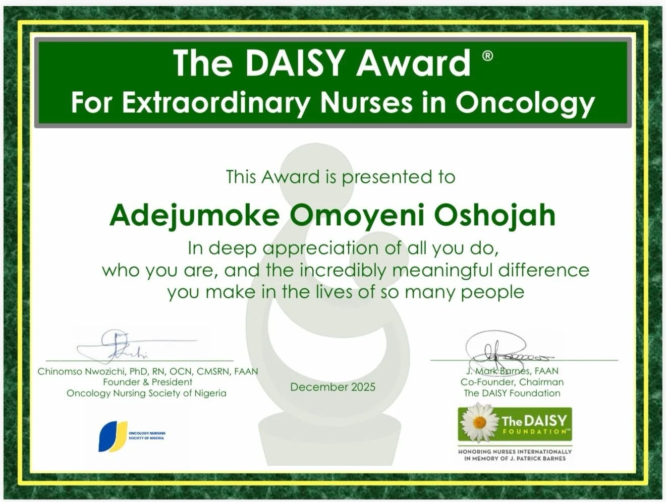 Jumoke Oshojah Receives the DAISY Award for Extraordinary Nurses in Cancer Care - ONS Nigeria