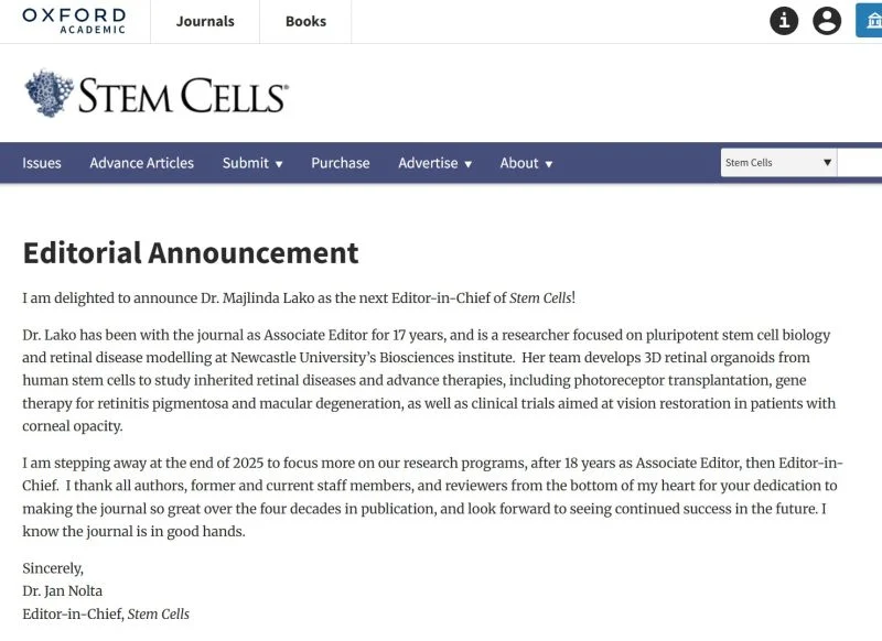 Jan Nolta: Passing the Editorship of Stem Cells to Majlinda Lako in 2026
