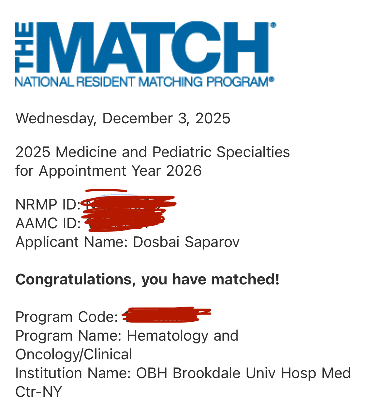 Dosbai Saparov: Three-Year Hematology and Medical Oncology Training at OBH–Brookdale Hospital