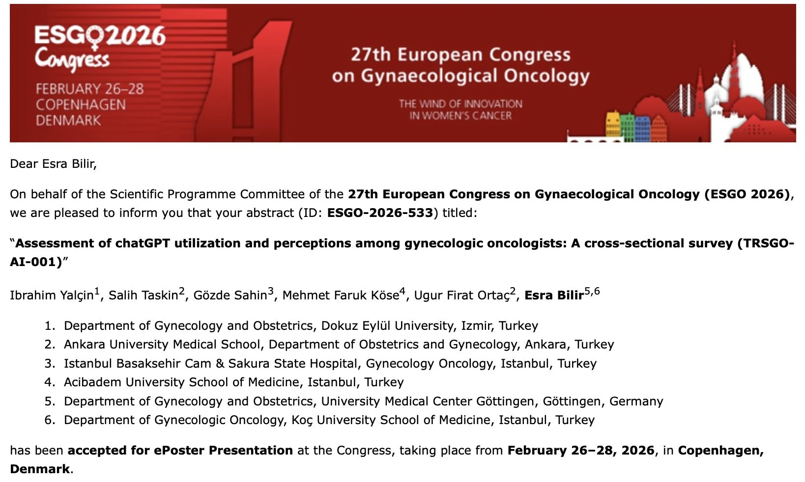 Esra Bilir: Happy to Have Abstracts Accepted for ESGO2026 Congress