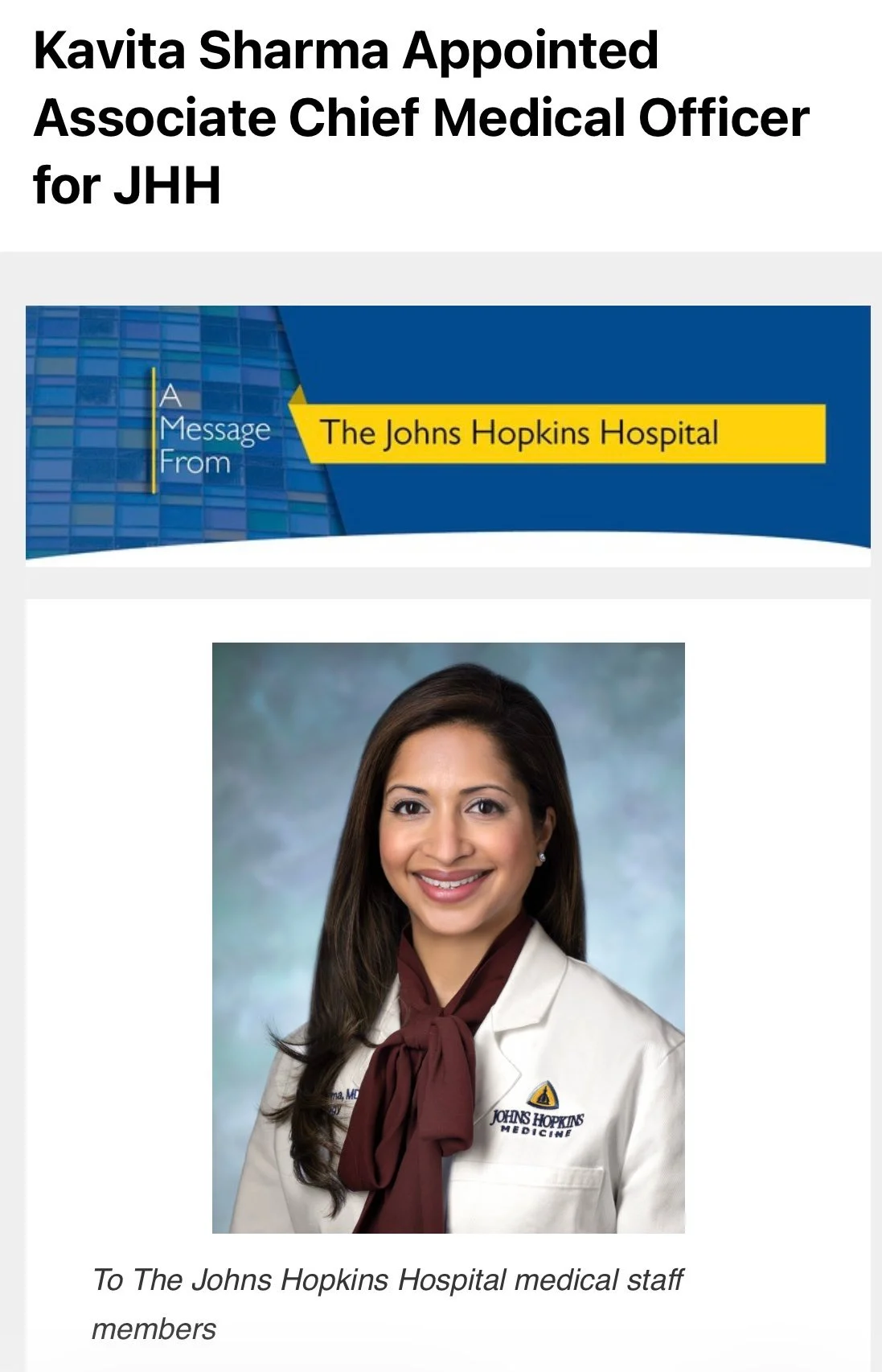 Kavita Sharma Appointed Associate Chief Medical Officer of The Johns Hopkins Hospital