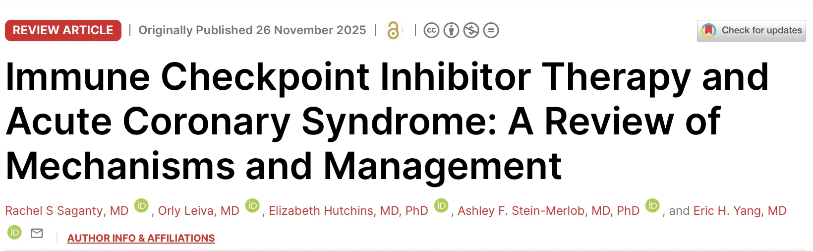 Eric H Yang: Cardio-Oncology Review on Immune Checkpoint Inhibitor Therapy and Acute Coronary Syndrome