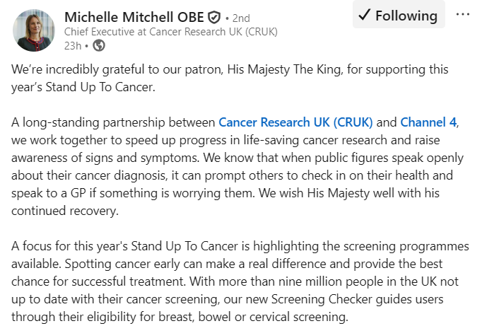King Charles Shares Cancer Treatment Progress on Stand Up To Cancer Broadcast 4 King Charles cancer treatment progress