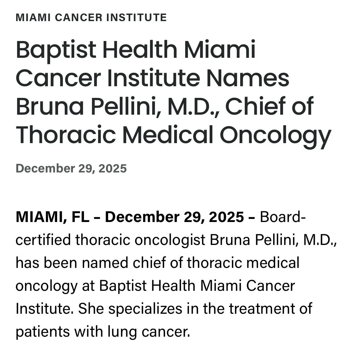 Bruna Pellini Steps into the Role of Chief of Thoracic Medical Oncology at Baptist Health Miami Cancer Institute