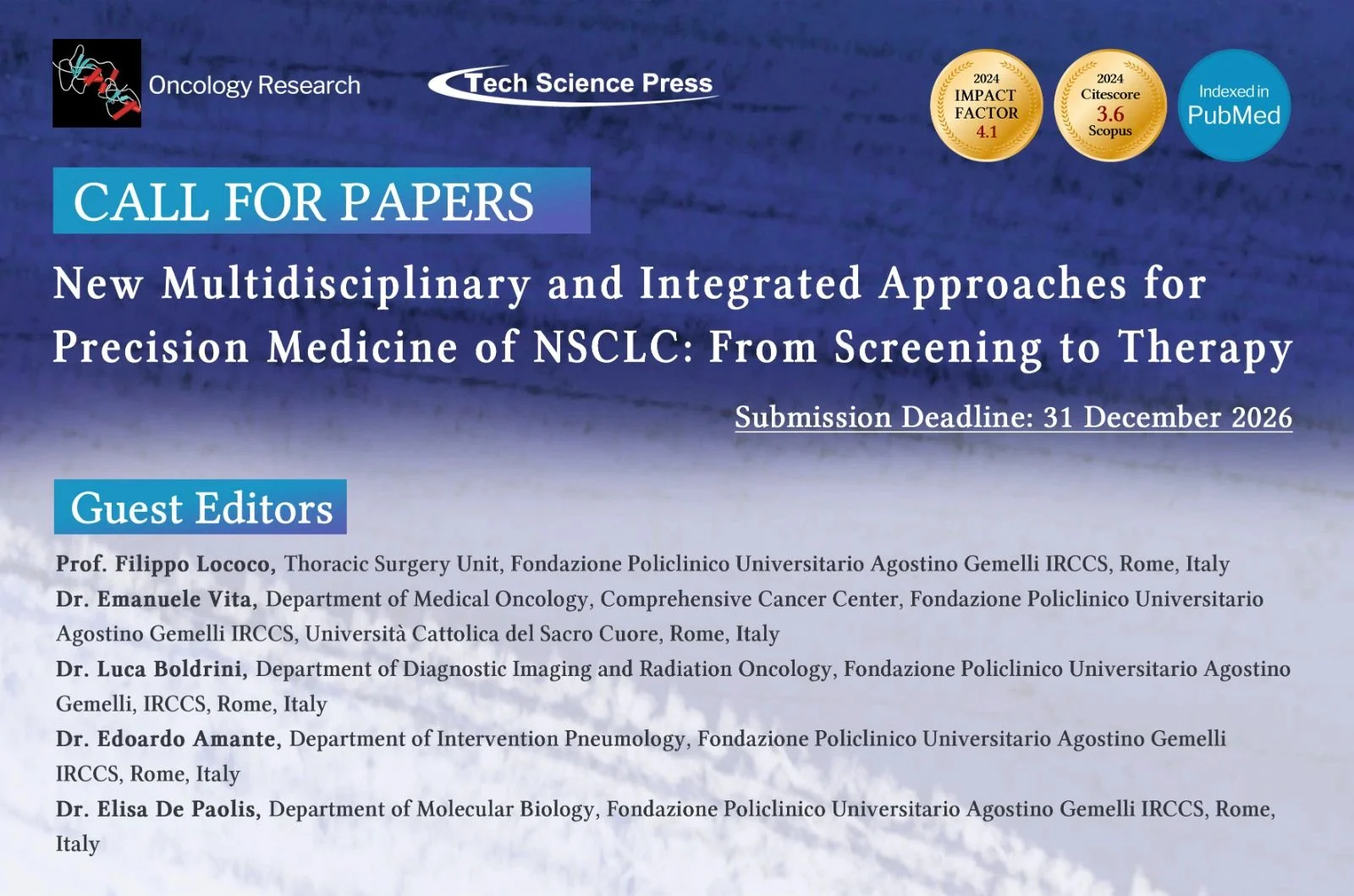 Filippo Lococo: Call for Papers on Early Diagnosis, Molecular Profiling, and Integrated Lung Cancer Treatments