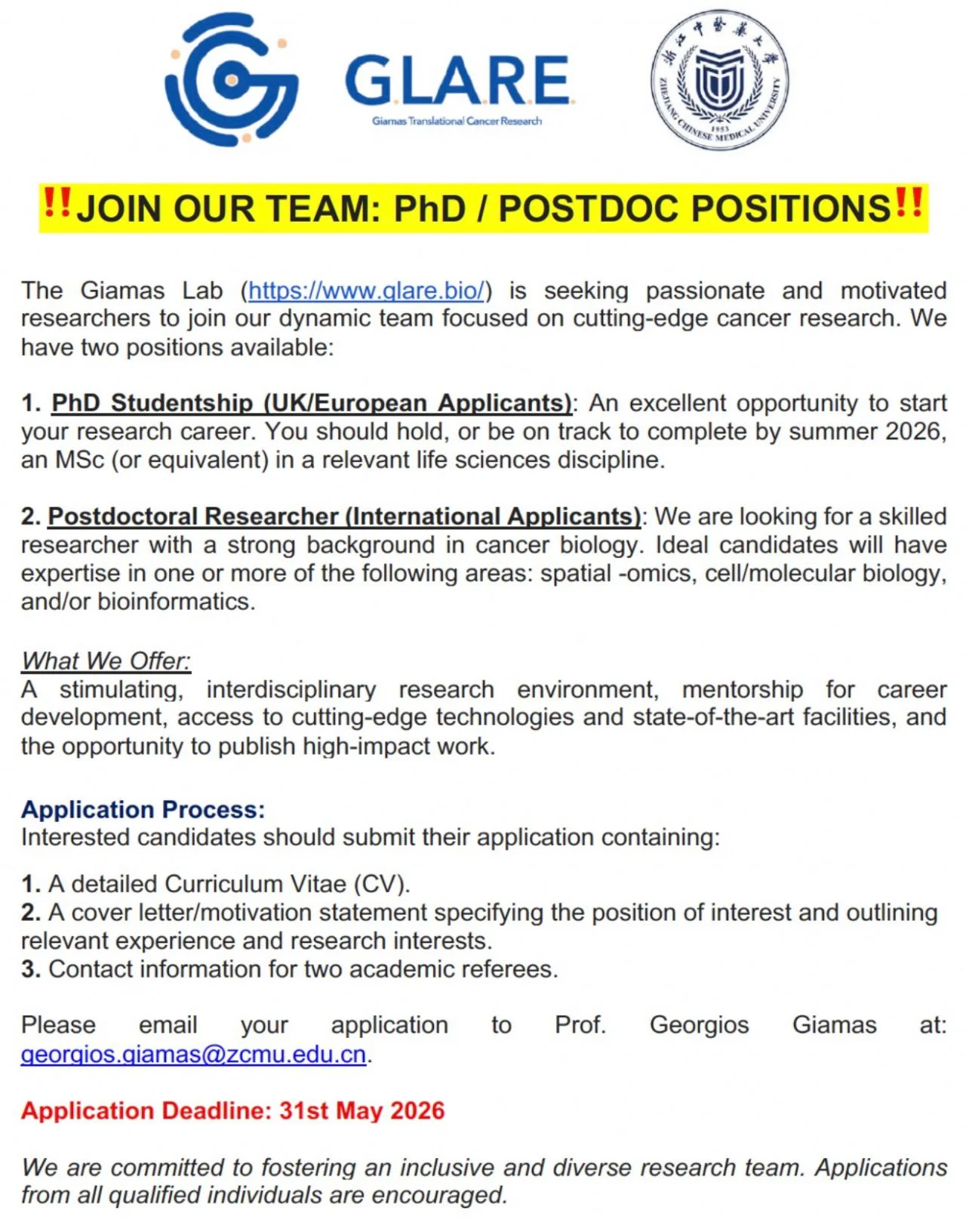 Georgios Giamas: Open PhD Studentship and Postdoctoral Researcher Positions at the Giamas Lab