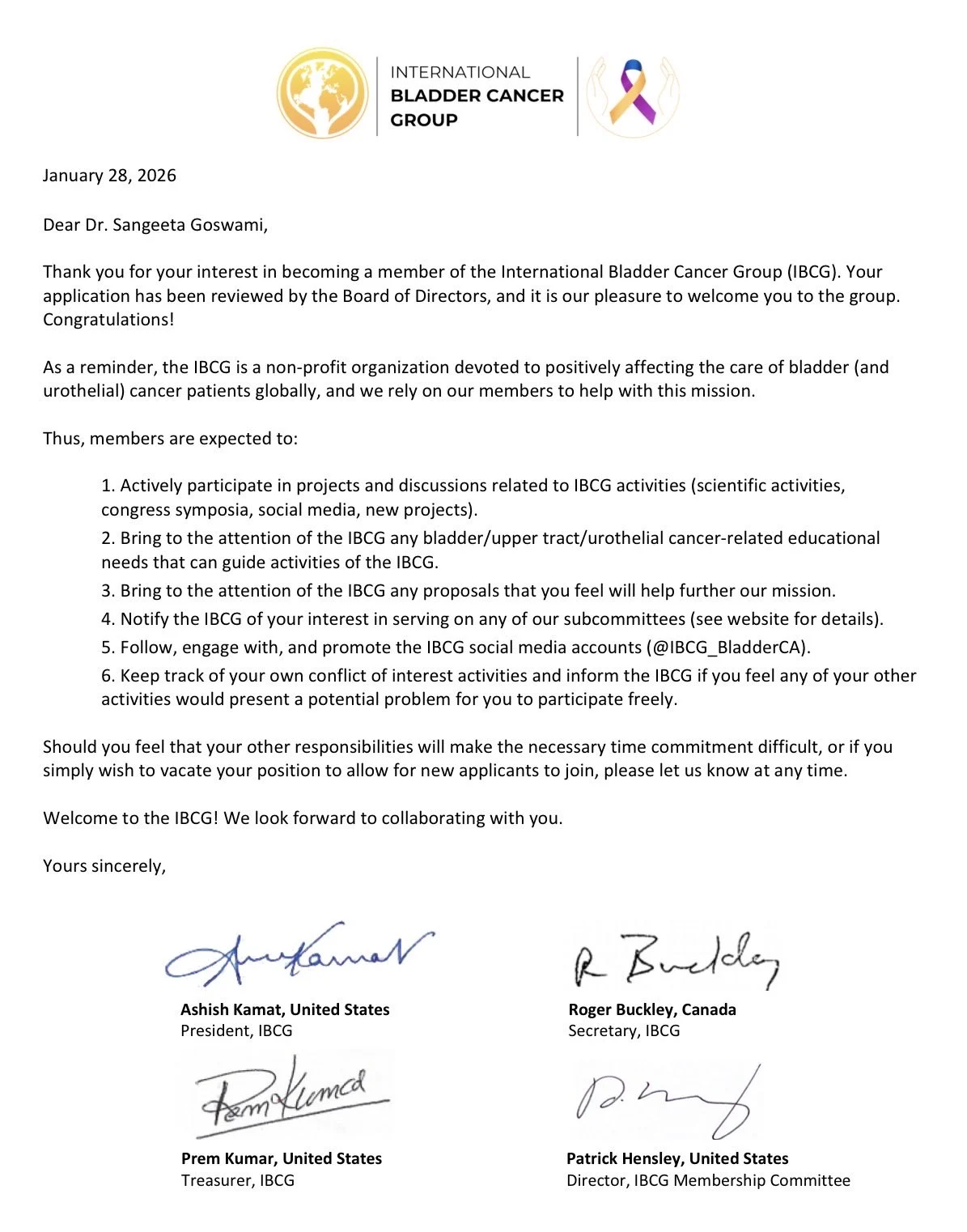 Sangeeta Goswami Joins the International Bladder Cancer Group