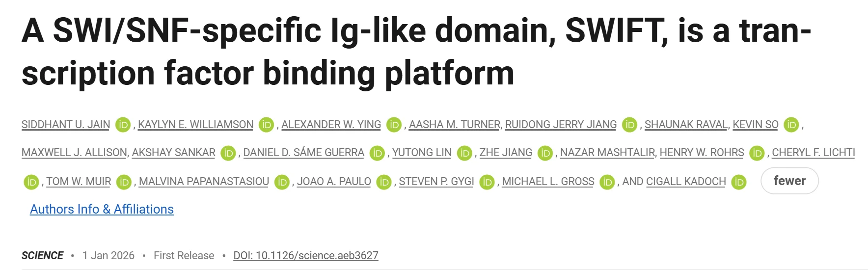Cigall Kadoch: New Science Paper Reveals SWIFT as a Key Chromatin Recruitment Platform