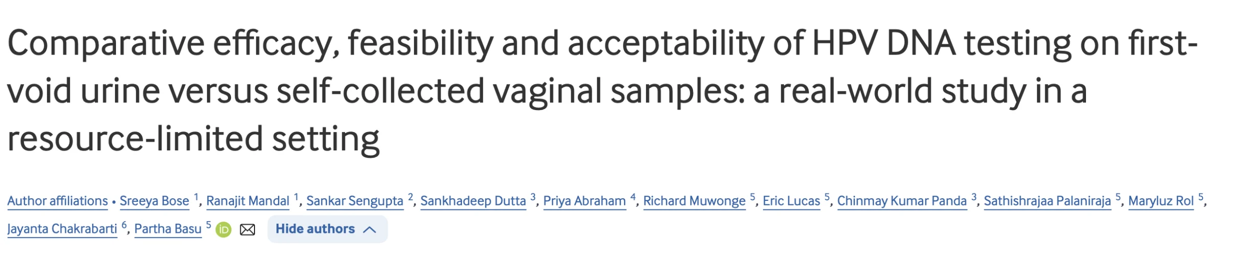 Partha Basu: Comparable Efficacy of Urine-Based and Self-Collected Vaginal HPV Testing
