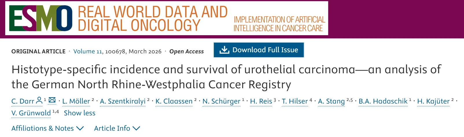 Viktor Grünwald: Histotype-Specific Incidence and Survival of Urothelial Carcinoma among 73,751 Patients