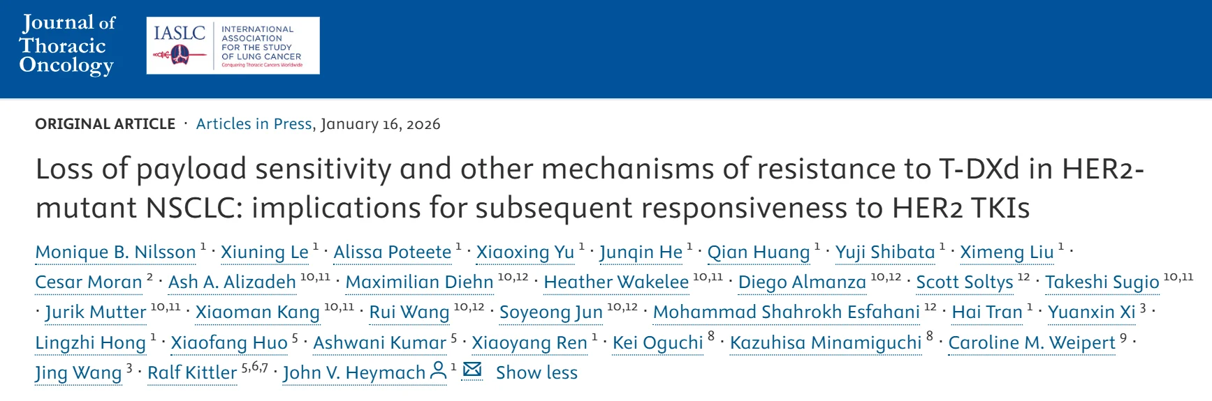 Stephen V Liu: More on the Resistance to ADCs in the Journal of Thoracic Oncology