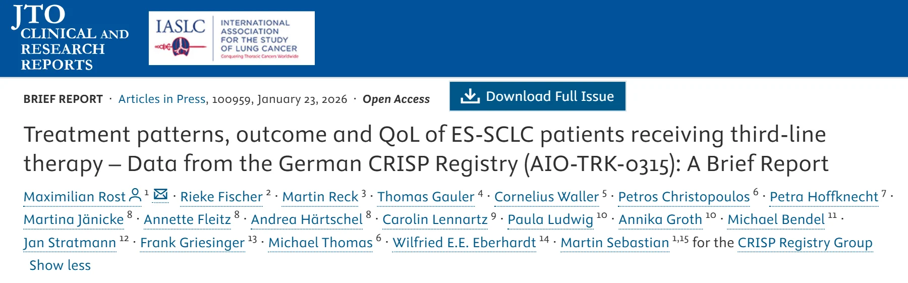 Stephen V Liu: 3L Treatment Patterns in SCLC from the German CRISP Registry