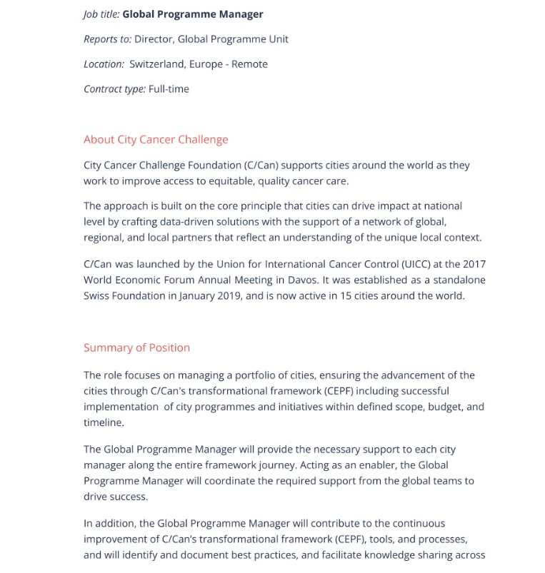 City Cancer Challenge Is Hiring a Global Programme Manager