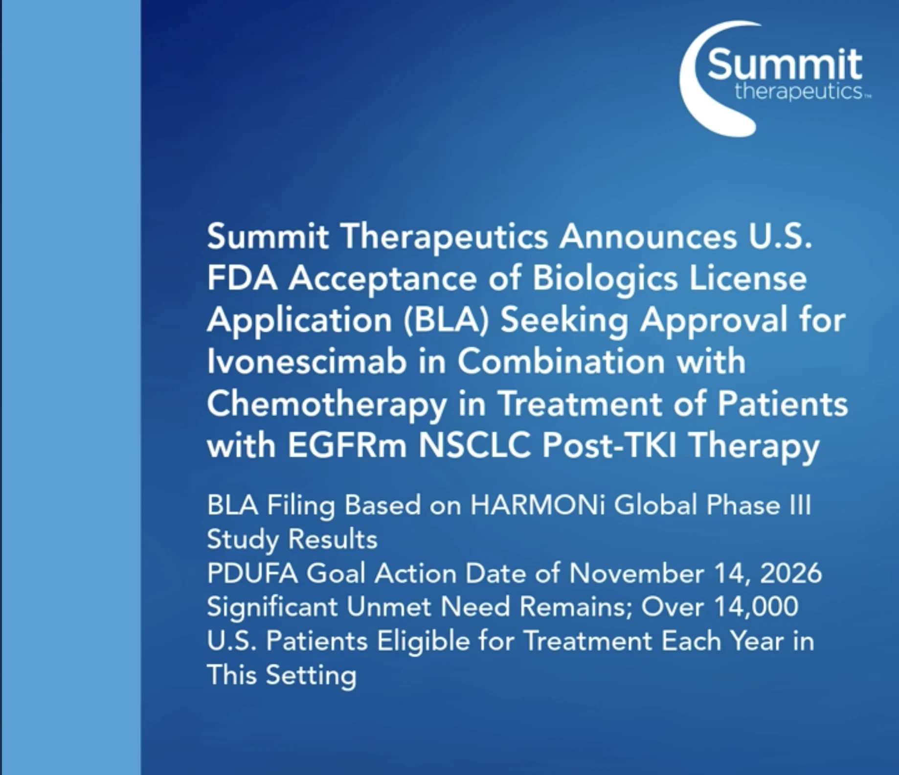Summit Therapeutics Announces FDA Acceptance of BLA Seeking Approval of Ivonescimab for EGFRm NSCLC Post-TKI Therapy 2 Summit Therapeutics Announces FDA Acceptance of BLA Seeking Approval of Ivonescimab for EGFRm NSCLC Post-TKI Therapy