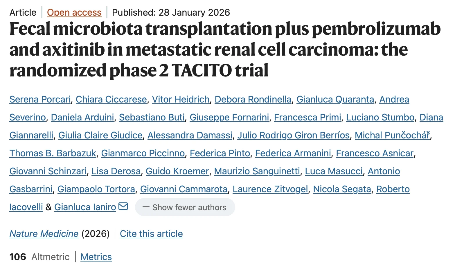 Roberto Iacovelli: Fecal Microbiota Transplantation vs Placebo in mRCC Patients Receiving Pembrolizumab Plus Axitinib