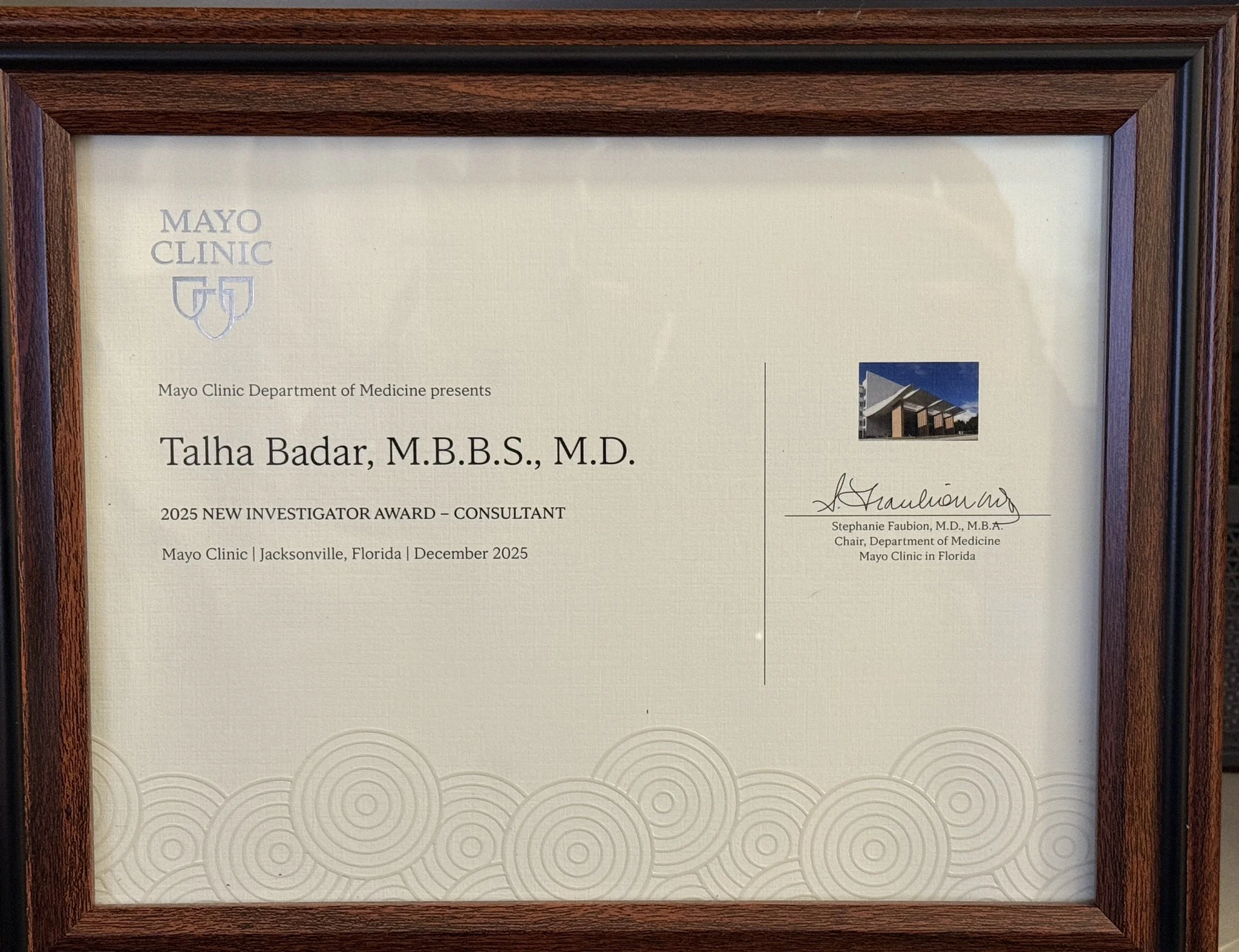 Talha Badar: Honored to Receive the 2025 Mayo Clinic Department of Medicine New Investigator Award
