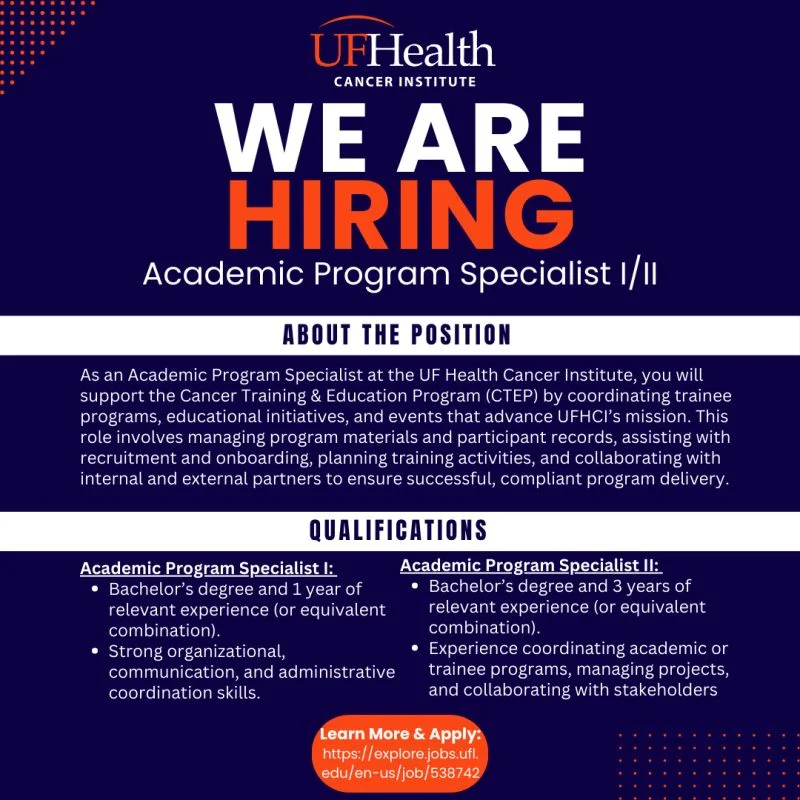 Ruby Falcon Shares: Academic Program Specialist Opportunity at UF Health Cancer Institute 2 Ruby Falcon Shares: Academic Program Specialist Opportunity at UF Health Cancer Institute