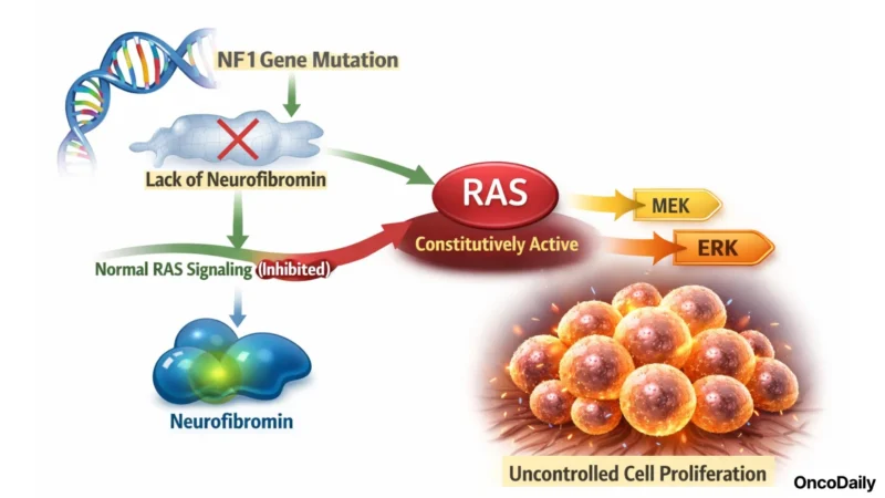 Health Canada Approves Selumetinib (Koselugo) for Adult NF1 Plexiform Neurofibromas 2 Neurofibromatosis type 1 is a rare, progressive genetic condition caused by loss-of-function mutations in the NF1 gene, which encodes neurofibromin, a negative regulator of RAS signaling. When neurofibromin is absent or non-functional, RAS remains constitutively active, driving downstream MEK/ERK pathway hyperactivation and uncontrolled cell proliferation.