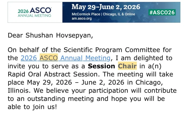 Shushan Hovsepyan: Excited to Chair a Rapid Oral Abstract Session in Pediatric Oncology at ASCO2026
