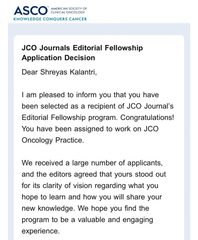 Shreyas Kalantri: Honored to be Selected for the JCO Journals Editorial Fellowship