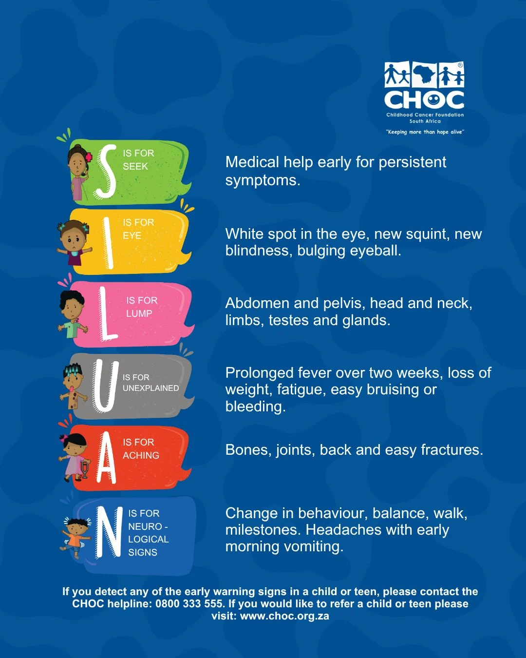 SILUAN Early Warning Signs of Childhood Cancer - CHOC Childhood Cancer Foundation SA 2 SILUAN Early Warning Signs of Childhood Cancer - CHOC Childhood Cancer Foundation SA